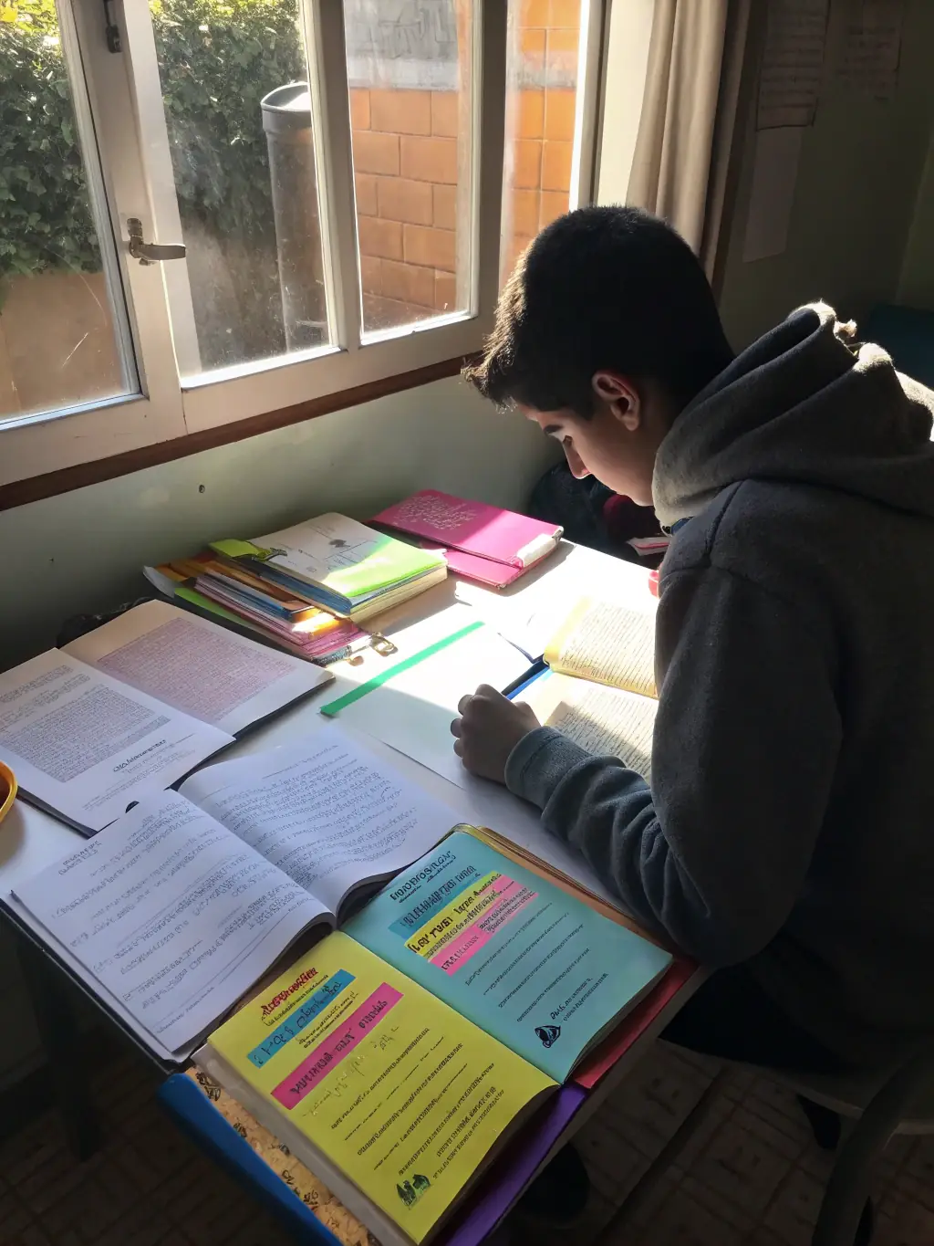 A student studying with focused intensity, using notes and a laptop to prepare for an upcoming exam with the help of APA ACADEMY.