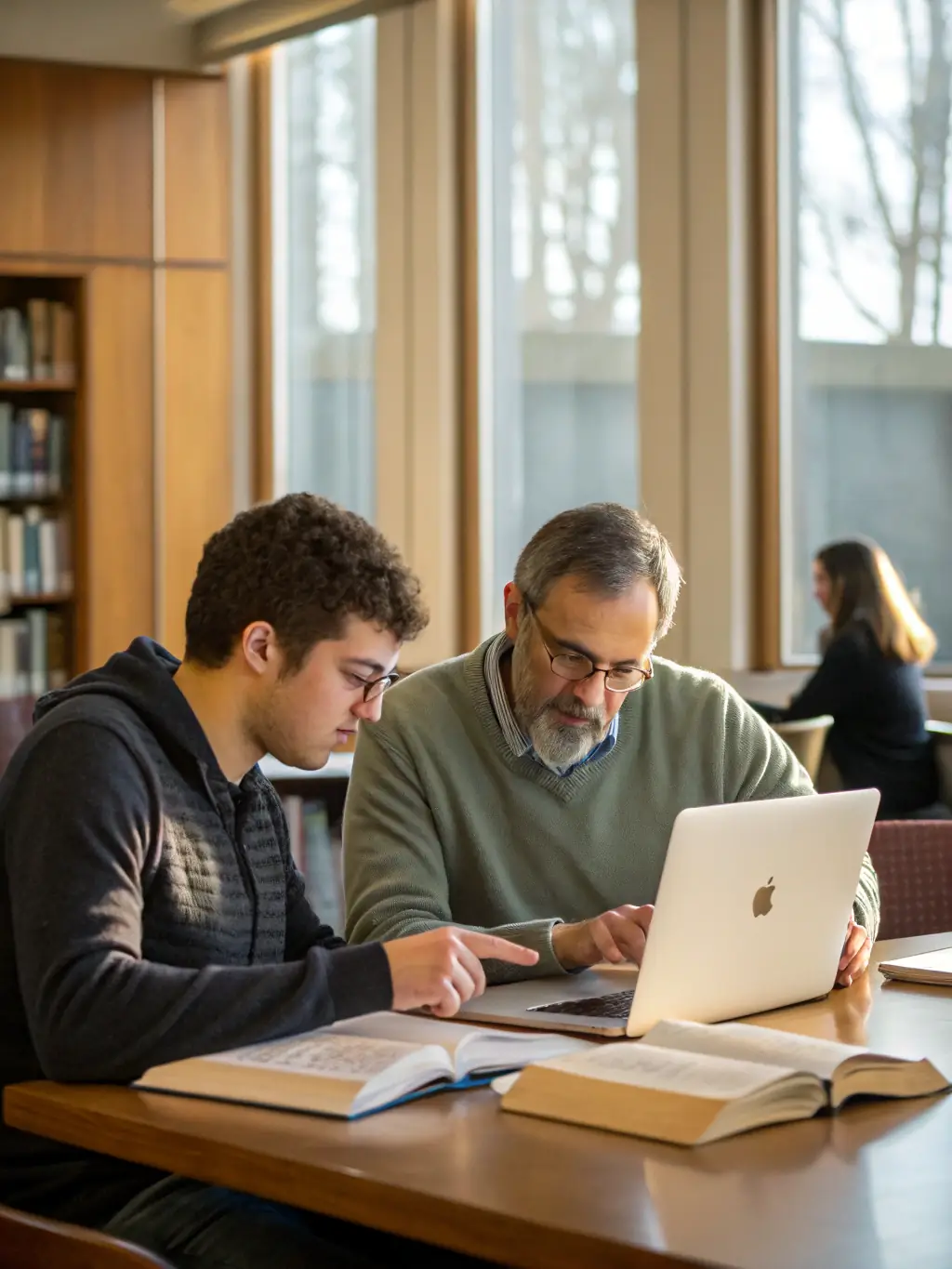 A student collaborating with a tutor on a complex thesis project, reviewing research data and discussing methodologies, in a modern library setting, emphasizing the collaborative and supportive nature of thesis writing.