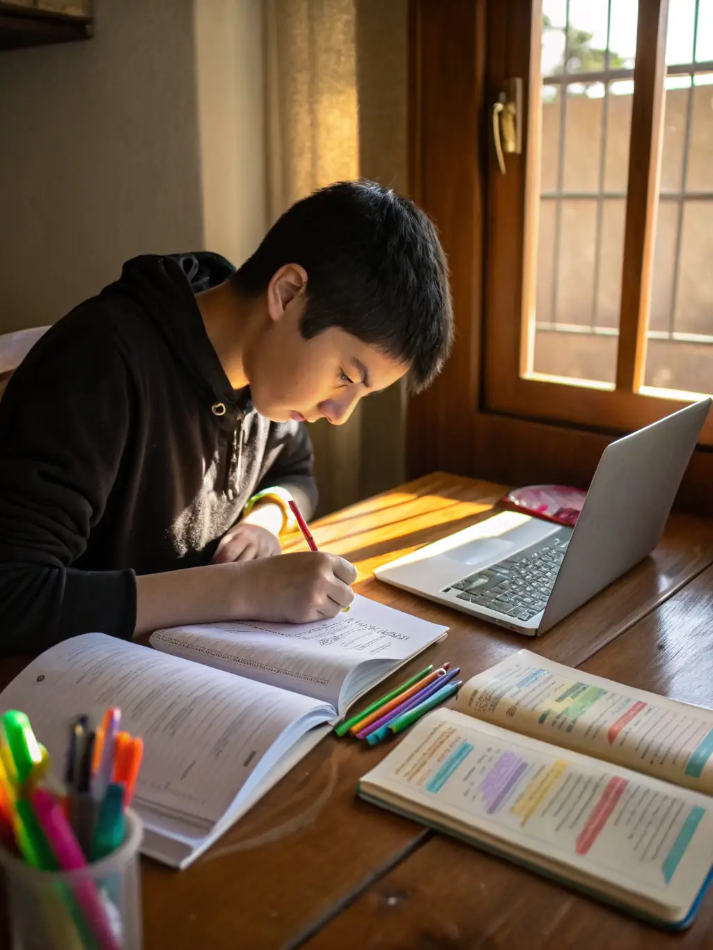 A student studying at OUM, focusing on their laptop with determination, in a modern library setting.