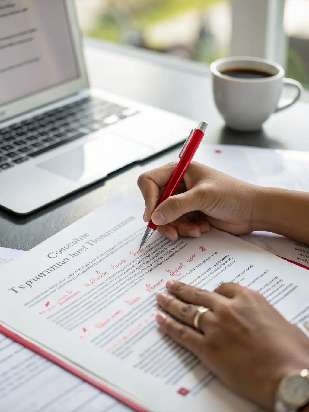 A professional editor meticulously reviewing a document with a red pen, highlighting the attention to detail in APA ACADEMY's proofreading service.