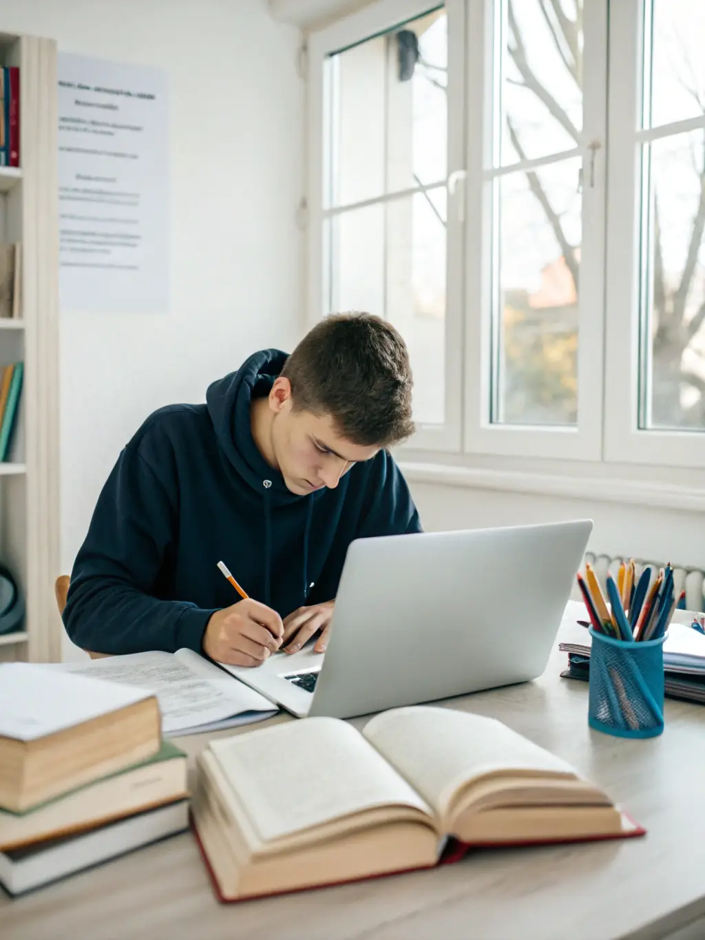 A student diligently working on an assignment at a desk, surrounded by textbooks and notes, with a laptop displaying research materials, in a well-lit and organized study environment, reflecting the focus and dedication required for academic success.