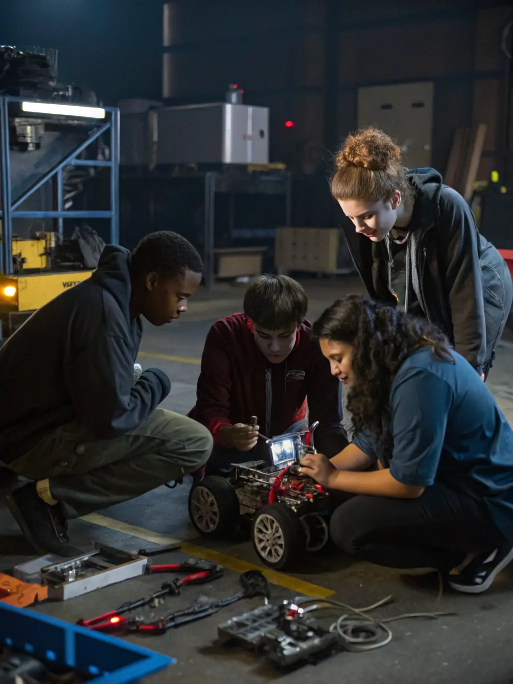 A group of UTM students collaborating on a project in a high-tech lab, showcasing innovation and teamwork.