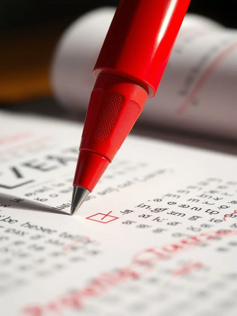 A close-up shot of a document being meticulously proofread, with a red pen marking corrections and improvements, highlighting the attention to detail and precision required for effective proofreading.